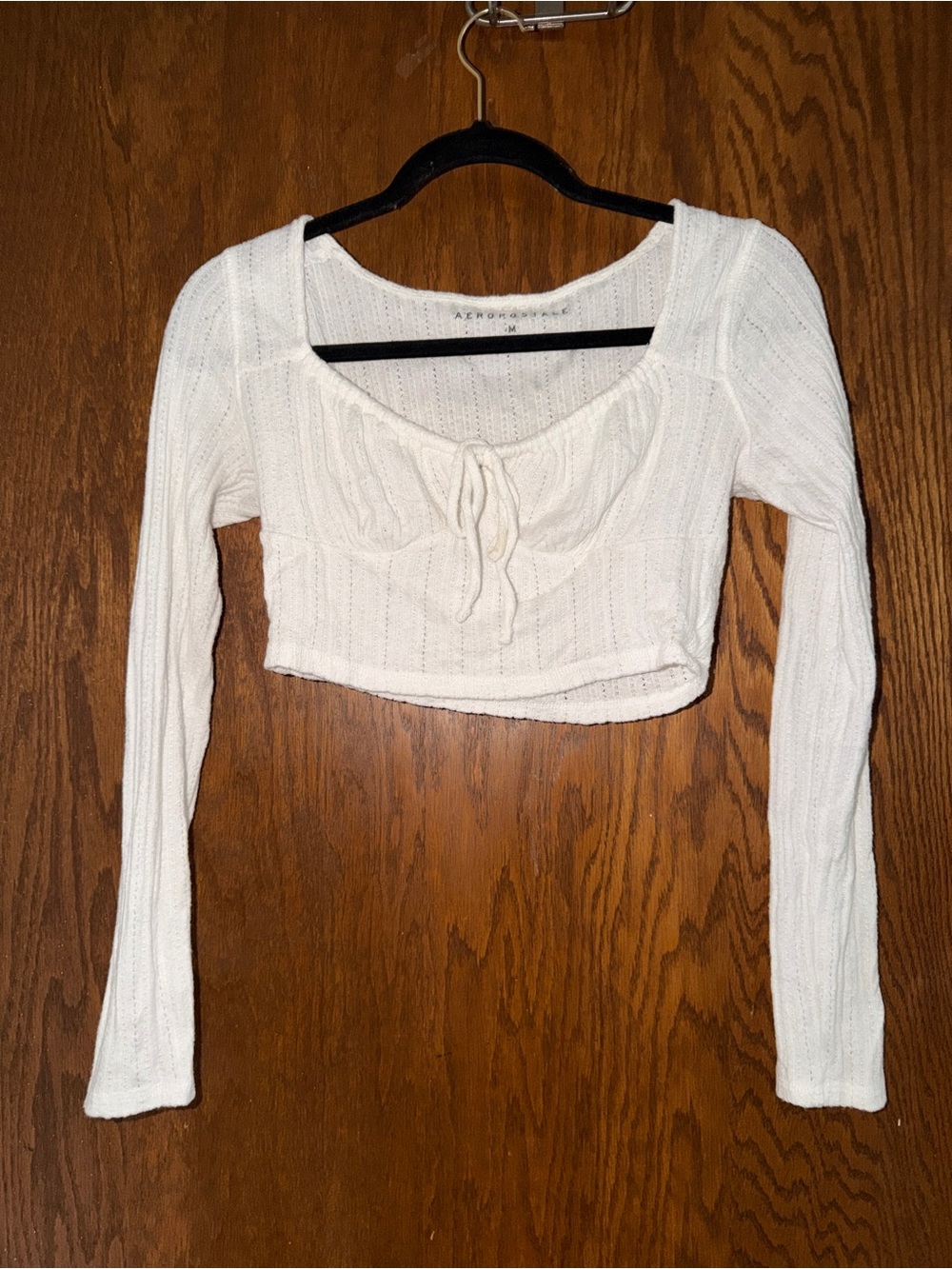 Aeropostale Cream Ribbed Tie-Front Long Sleeve Crop Top
